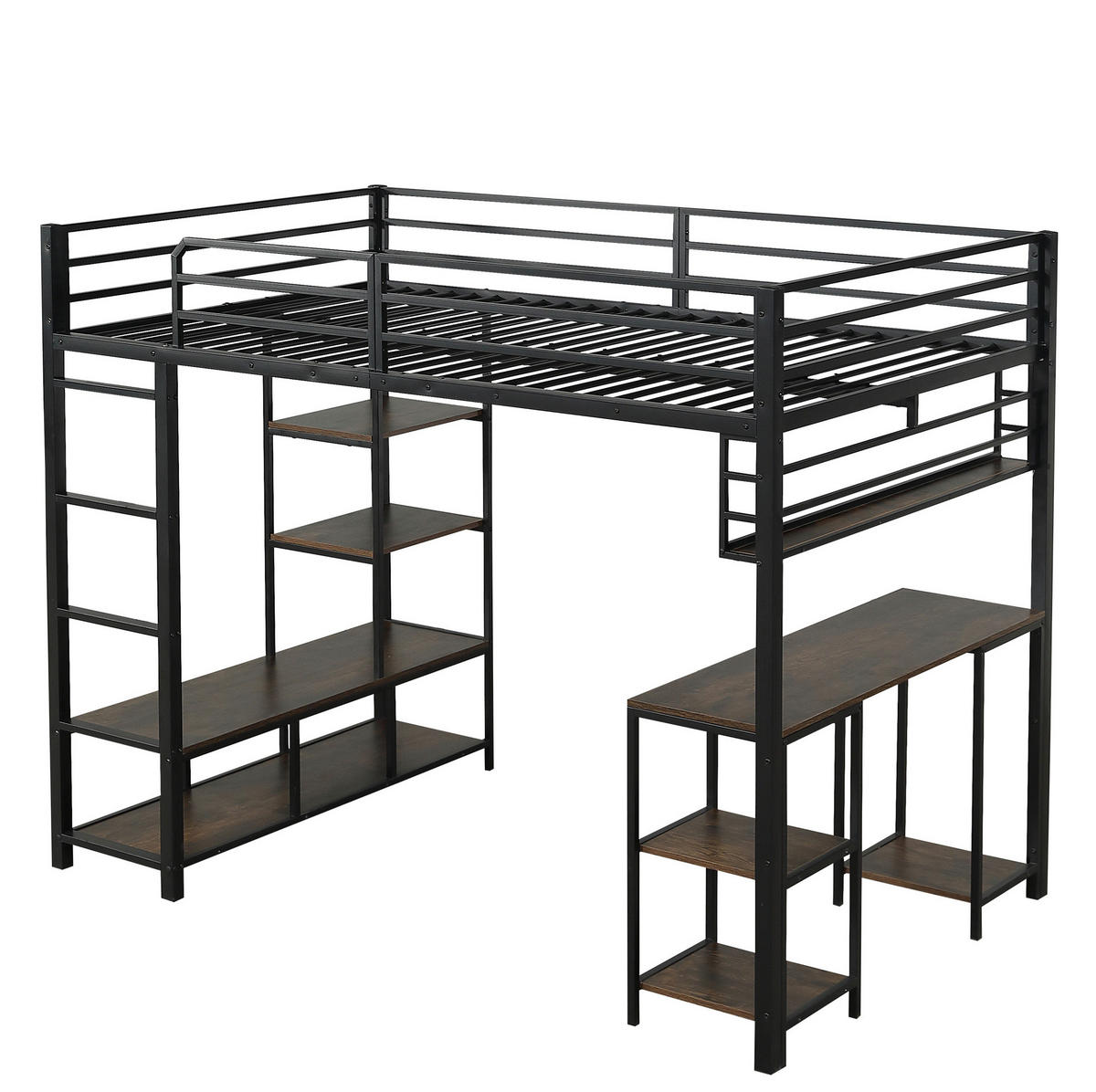 HOCHBETT 120/200 cm mit Schreibtisch und Ablagefläche in Schwarz/Dunkelwalnuss - Schwarz, Metall (120/200cm) - Flora Grace
