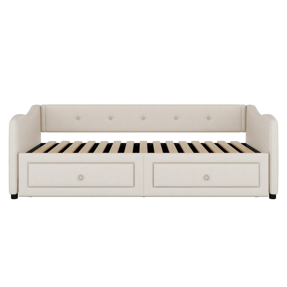 TAGEBETT 90x200cm Beige Leinen mit Ausziehbett 2 Schubladen - Beige, Holz (90/200cm) - FLIEKS