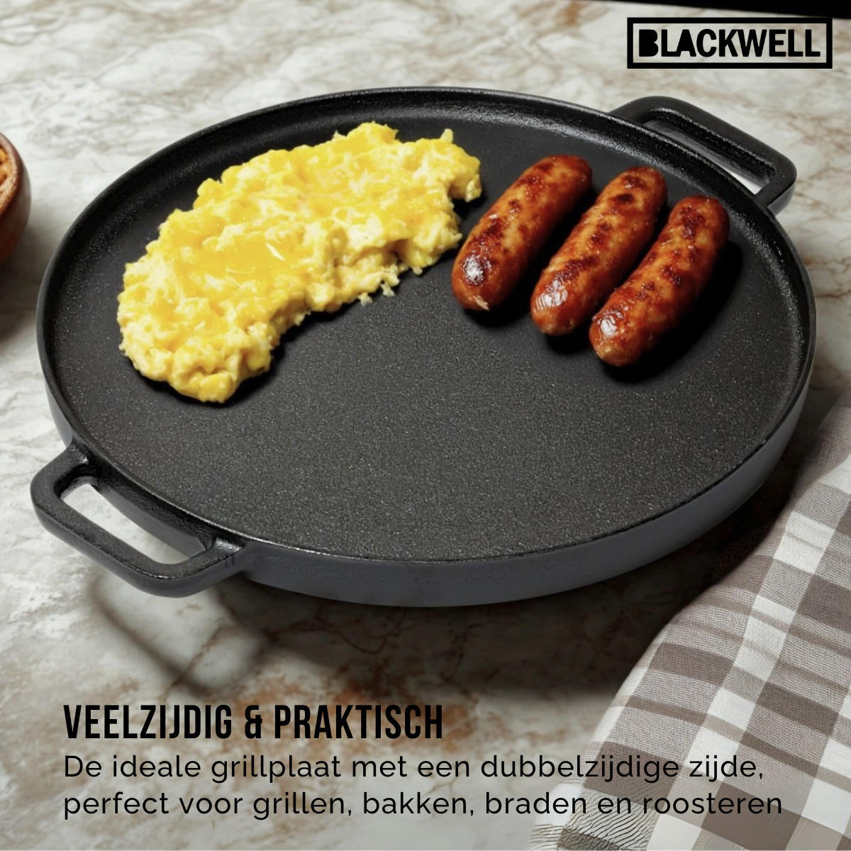 GRILLPLATTE BBQ / Backplatte aus Gusseisen Ø 30 cm – ohne Antihaftbeschichtung – beidseitig - Schwarz, Keramik (1/2/3cm) - Blackwell