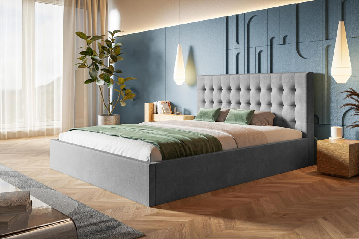 BETT 180x200 - Polsterbett mit Bettkasten und Metallrahmen - Modern Betten - Weicher Jasminstoff - Kollektion Rio, grau - Grau, Holz/Textil (180/200cm) - Alpi-Möbel
