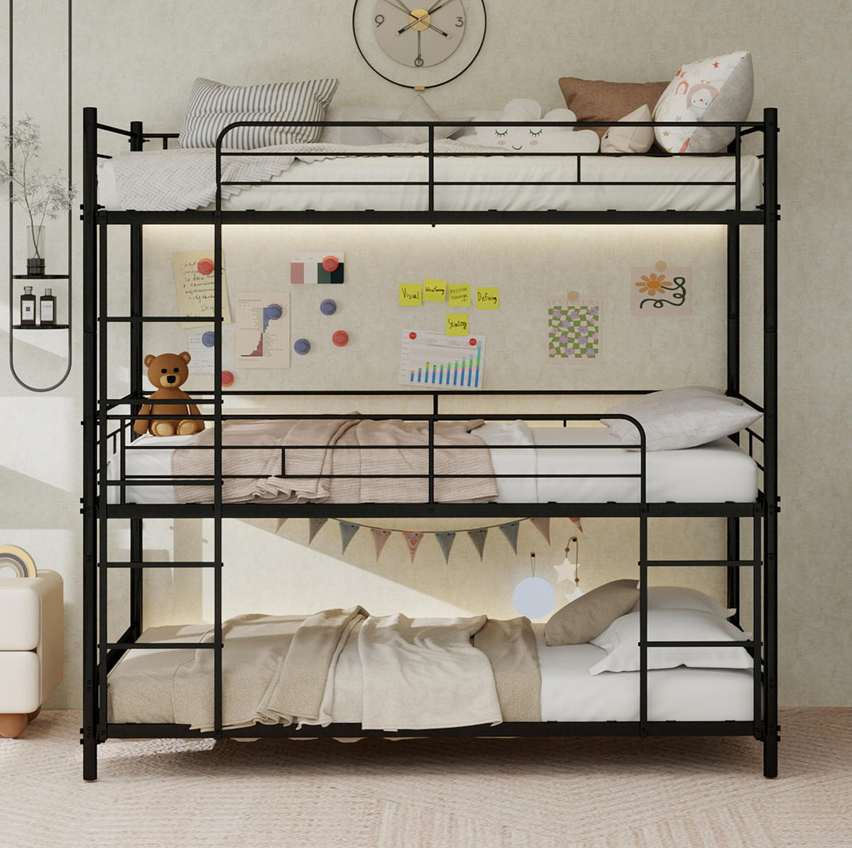 DREIFACH-ETAGENBETT 90/180 cm schwarz aus Metall mit Leitern und Geländer - Schwarz, Metall (90/190cm) - OKWISH