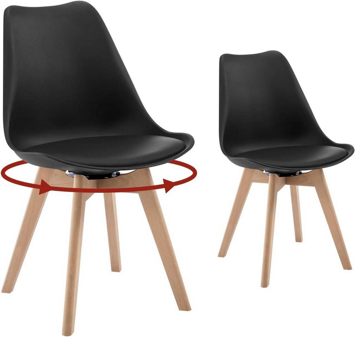 STUHL 2er Set, drehbar, Kunstleder, Massivholz, Schwarz - Buchefarben/Schwarz, Holz/Kunststoff (48/83/58.5cm) - Woltu