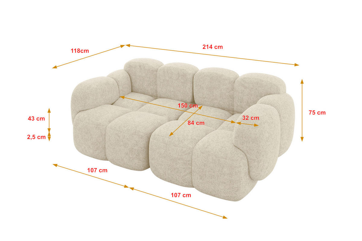 2-SITZER modulares Sofa Miko-S1 214x118x75 cm Creme Velours - Creme/Schwarz, Holzwerkstoff/Kunststoff (214/75/118cm) - ALTDECOR