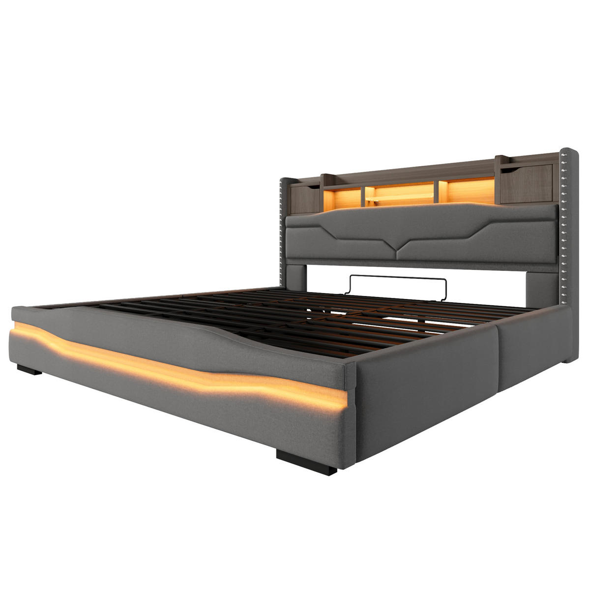 ČALOUNĚNÁ postel 180/200 cm šedá z lnu a MDF s USB-C, zásuvkou, LED a úložným prostorem - šedá, textil (180/200cm) - OKWISH