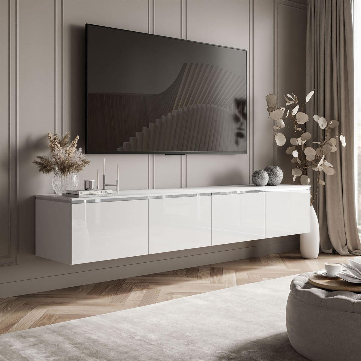 TV-RACK CELINE GLOSS SILVER 200 cm mit LED-Beleuchtung (hängend) - Weiß, Holzwerkstoff (200/48/40cm) - Lookway