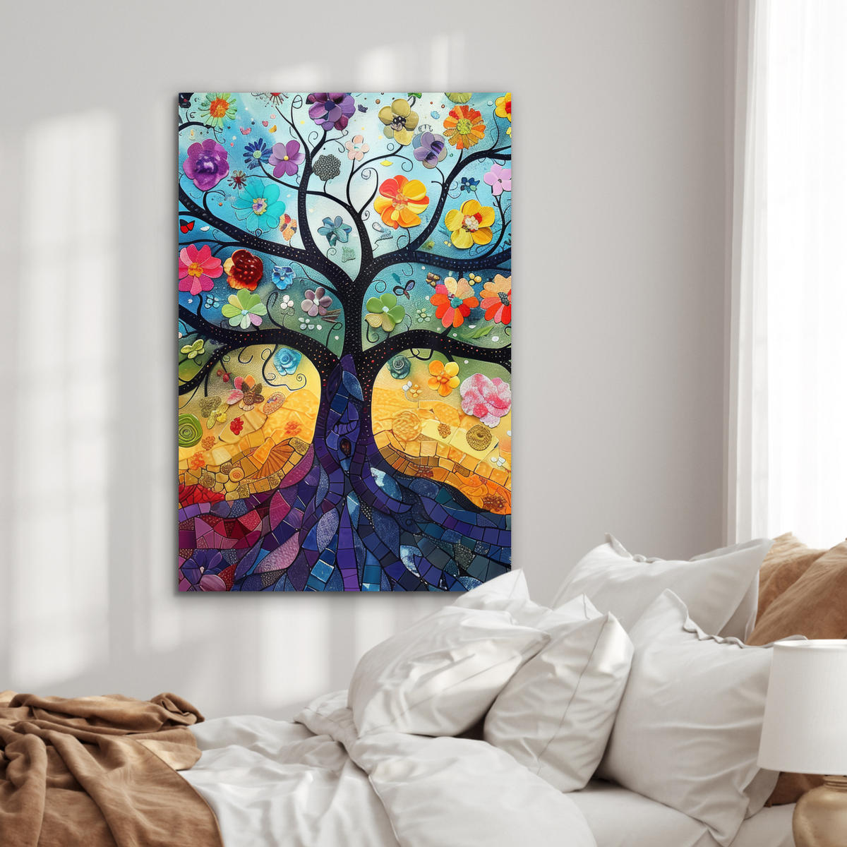METALLBILD Kunst - Baum des Lebens - Blumen - Hippie 60x90 cm - Dunkelblau, Metall (60/90cm) - MuchoWow
