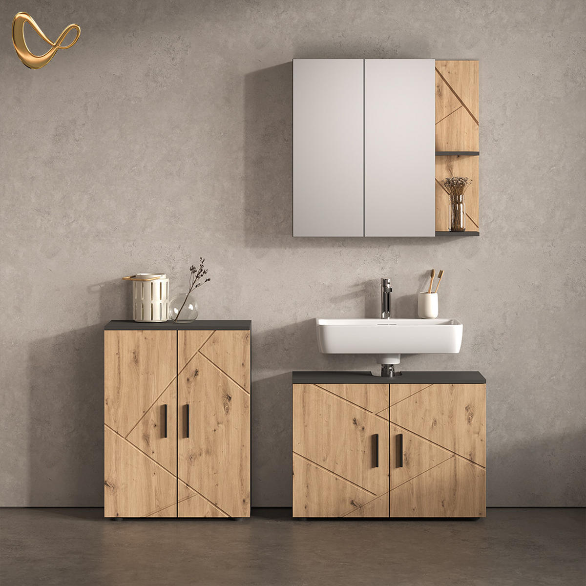 BADMÖBEL-SET Ronco, Anthrazit/Artisan-Eiche, 3-teilig - Anthrazit/Eiche Artisan, Holzwerkstoff (80/59/30cm) - Livinity®