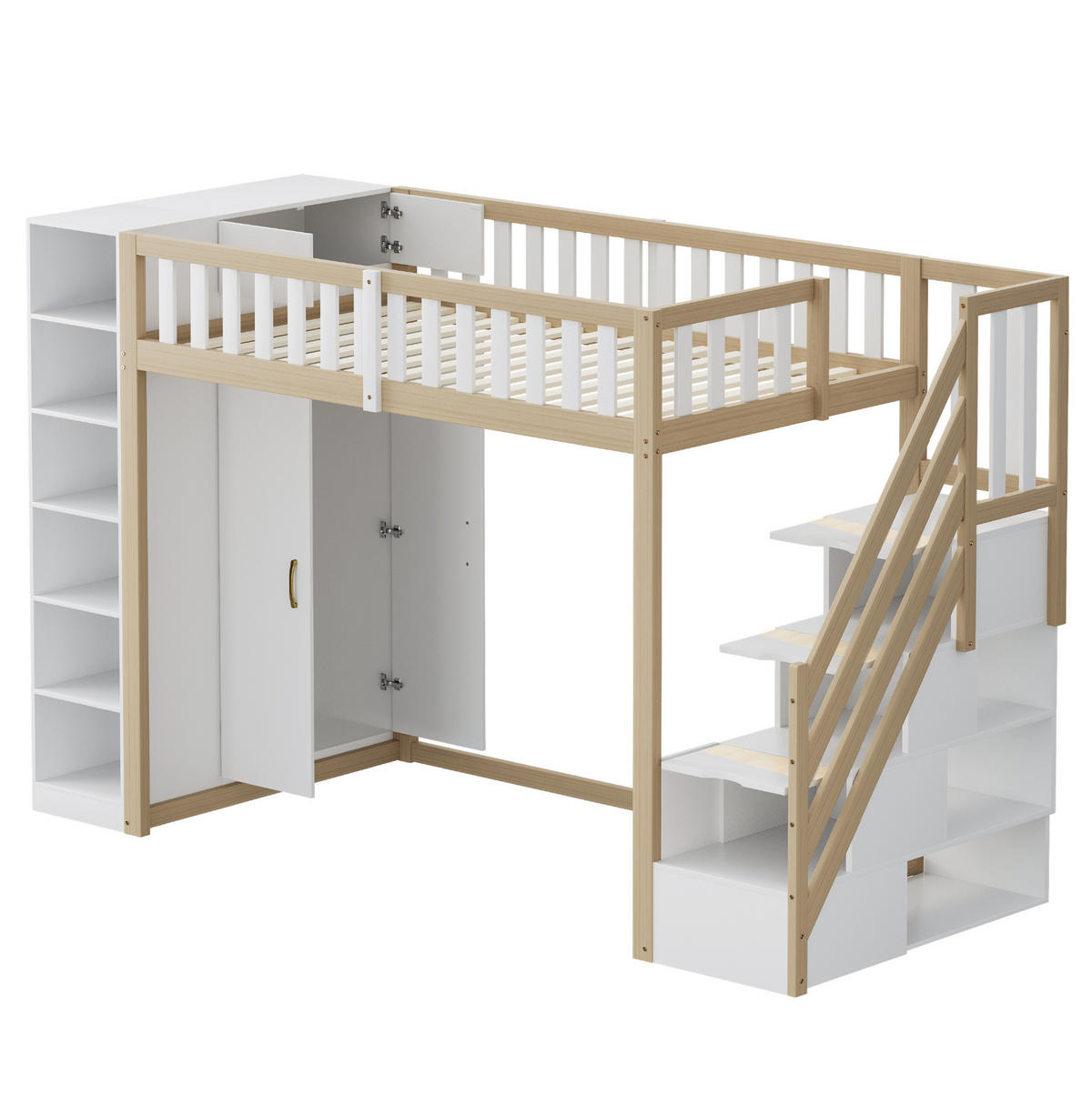 HOCHBETT mit Kleiderschrank und Stauraum 90x200 cm Weiß/Naturholz - Weiß, Holzwerkstoff (90/200cm) - Beauniv