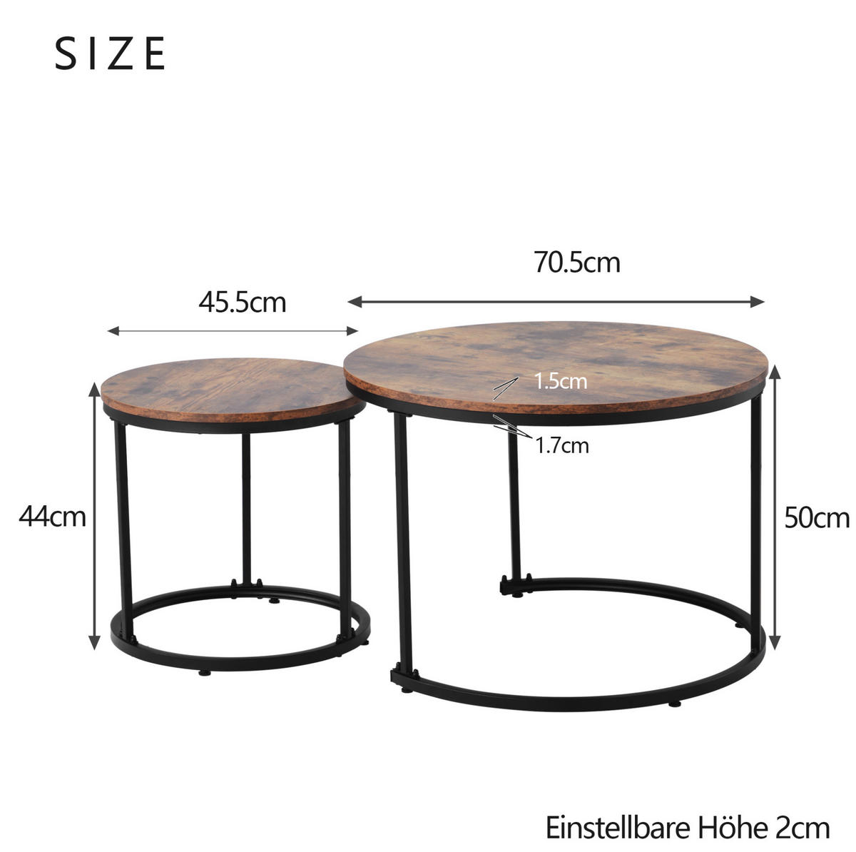 COUCHTISCH-SET aus MDF 50x70,5 cm und 45,5x44 cm Braun verschachtelbar mit Metallgestell - Braun, Holzwerkstoff (70.5/70.5/50cm) - Modfu
