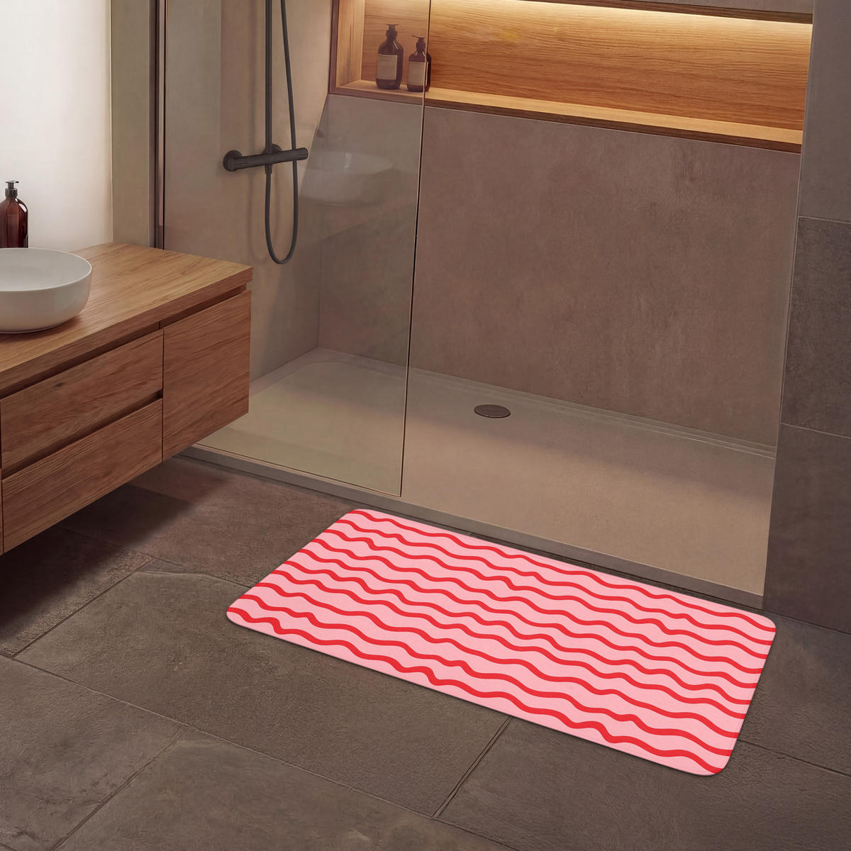 KÚPEĽŇOVÁ PREDLOŽKA Hravé - vzor - červená 120x60 cm - ružová, textil/plast (120/60cm) - OnlyWow