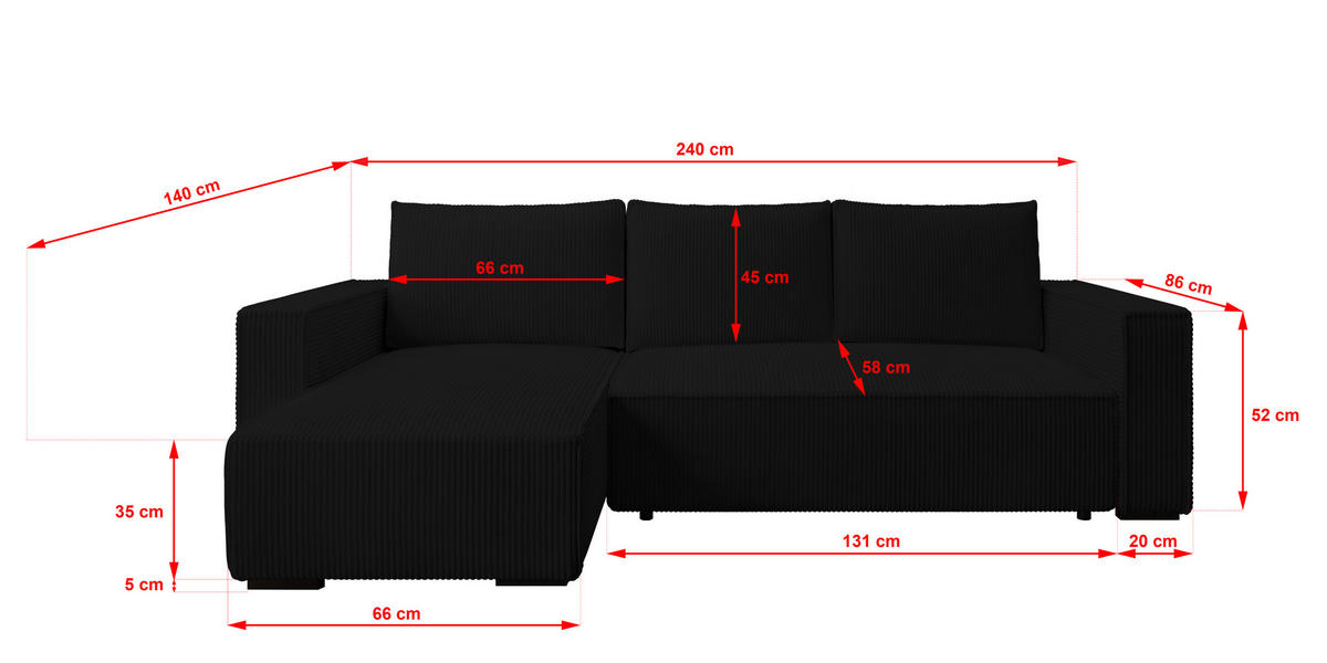 ECKSOFA CUDDY L, Eckcouch in L-Form mit Schlaffunktion und Bettkasten, Farbe: Schwarz, Cordstoff, Ottomane Links - Schwarz, Textil (240/140cm) - Storez24