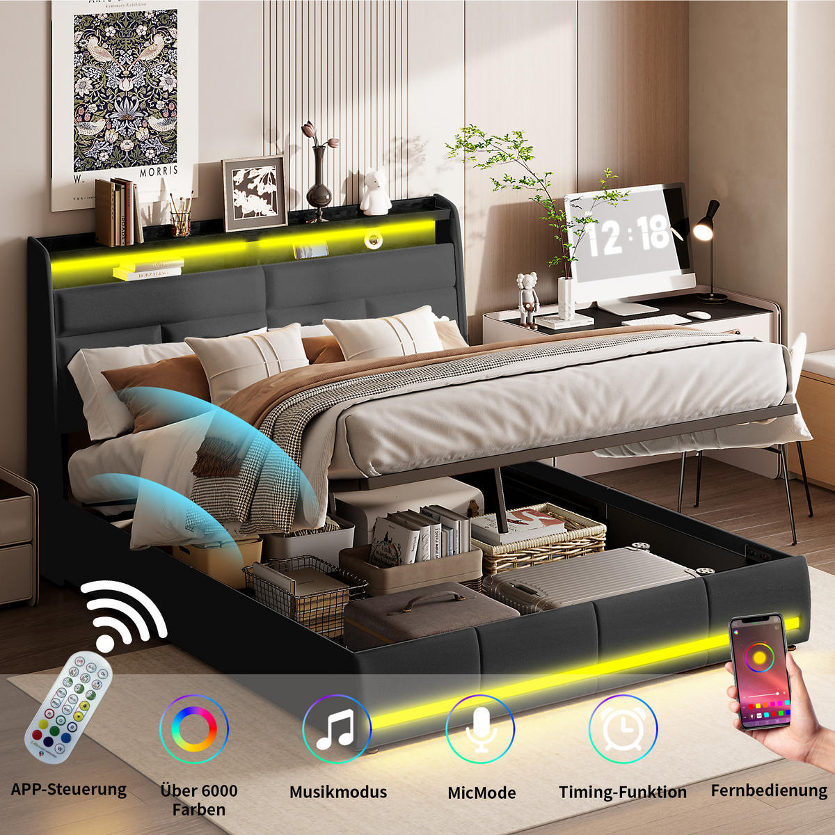 POLSTERBETT 160x200 cm, Schwarz, Doppelbett mit LED-Beleuchtung - Schwarz, Textil/Metall (160/200cm)