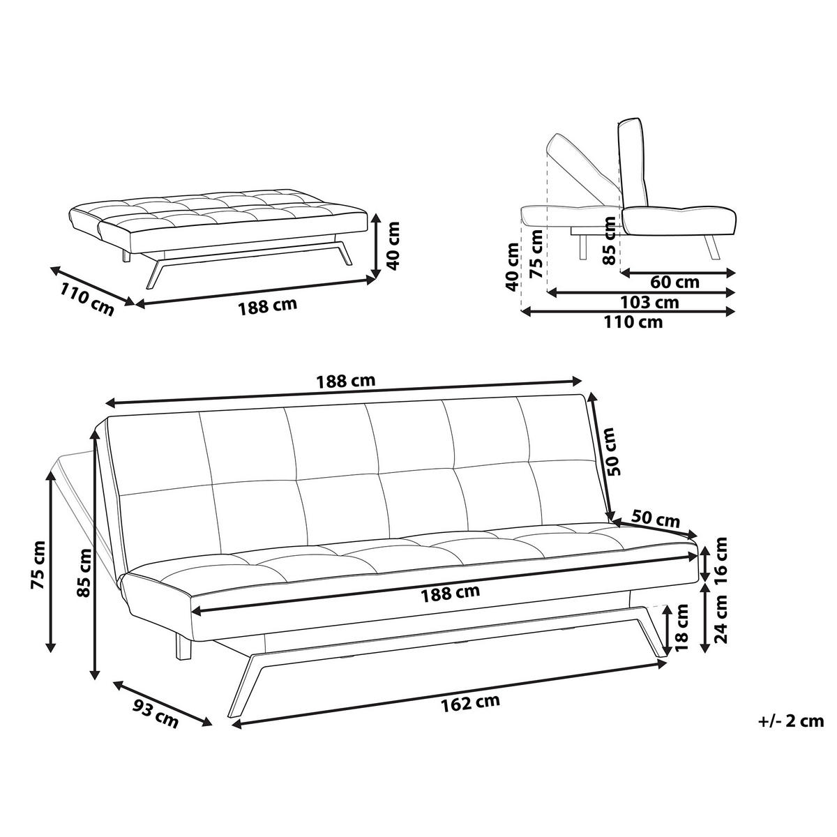 3-SITZER-SCHLAFSOFA cremeweiß Leeds - Schwarz/Weiß, Textil (188/85/93cm) - Beliani