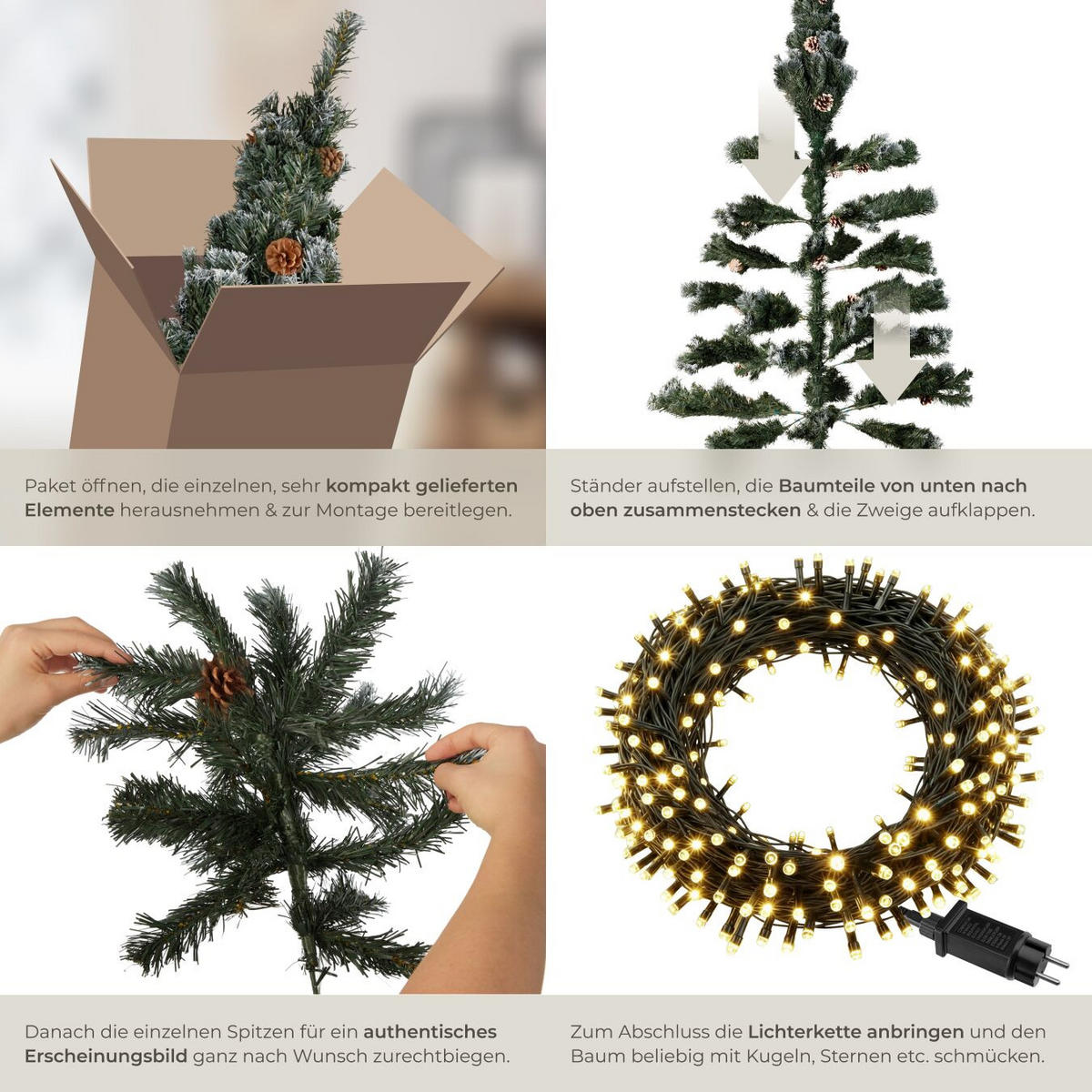 SET WEIHNACHTSBAUM MIT LICHTERKETTE ,inklusive Metallständer mit Kunststoffkappen,grün - Grün, Kunststoff (180cm) - tectake