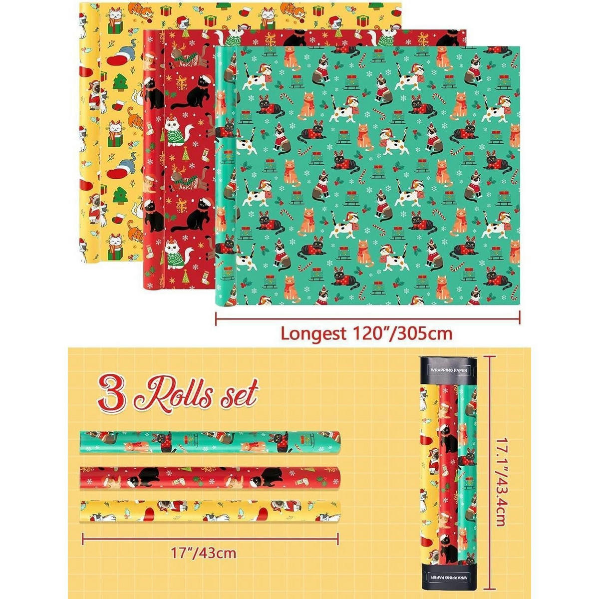 GESCHENKPAPIER 3 Rollen Set Weihnachtskatzen 50,8 x 304,8 cm - Multicolor, Papier (43/1/305cm)