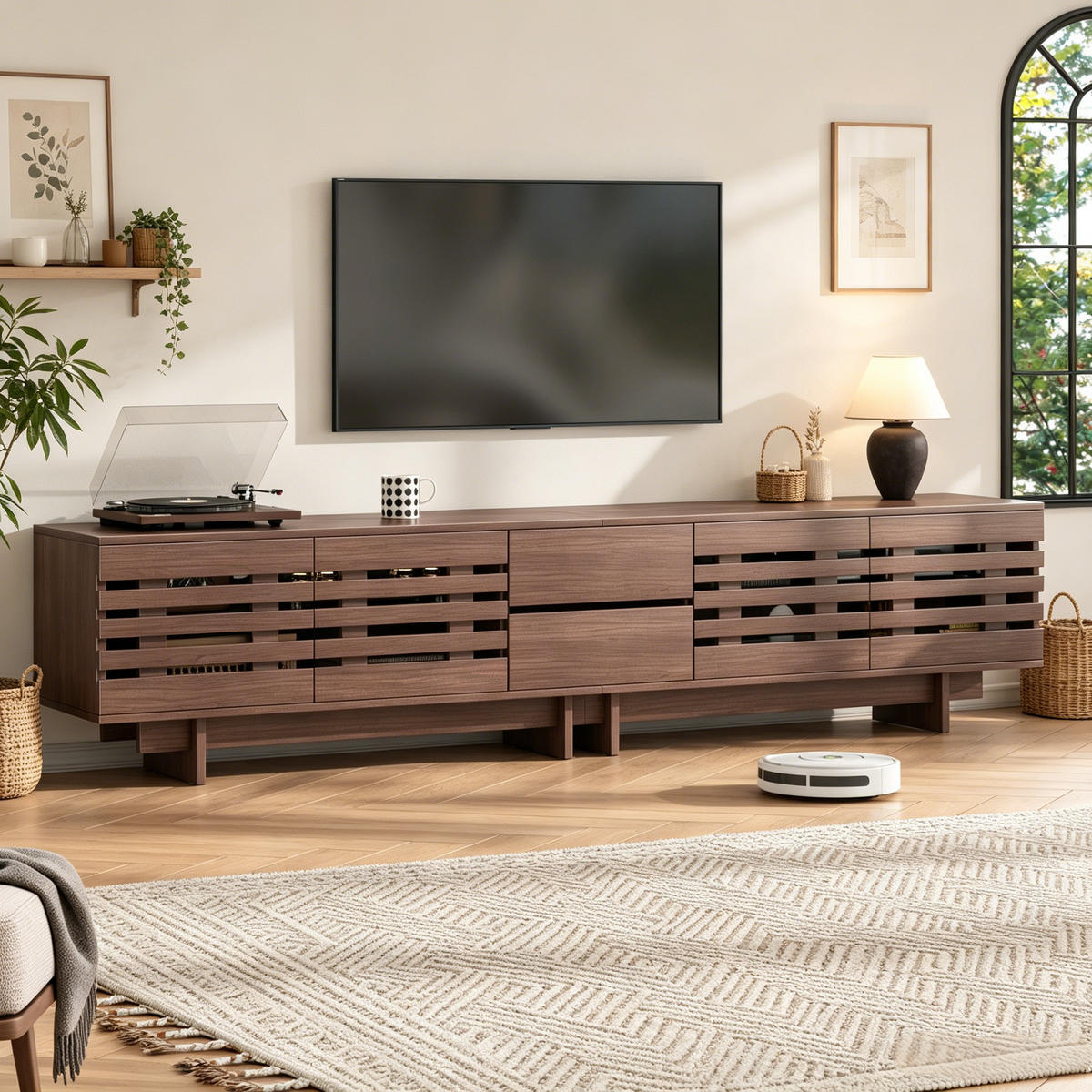 LOWBOARD in Walnussfarben TV-Schrank mit Schubladen für Fernseher bis zu 80 Zoll, B200/T39.5/H55 cm - Walnussfarben, Holzwerkstoff (200/55/39.5cm) - STILVORA
