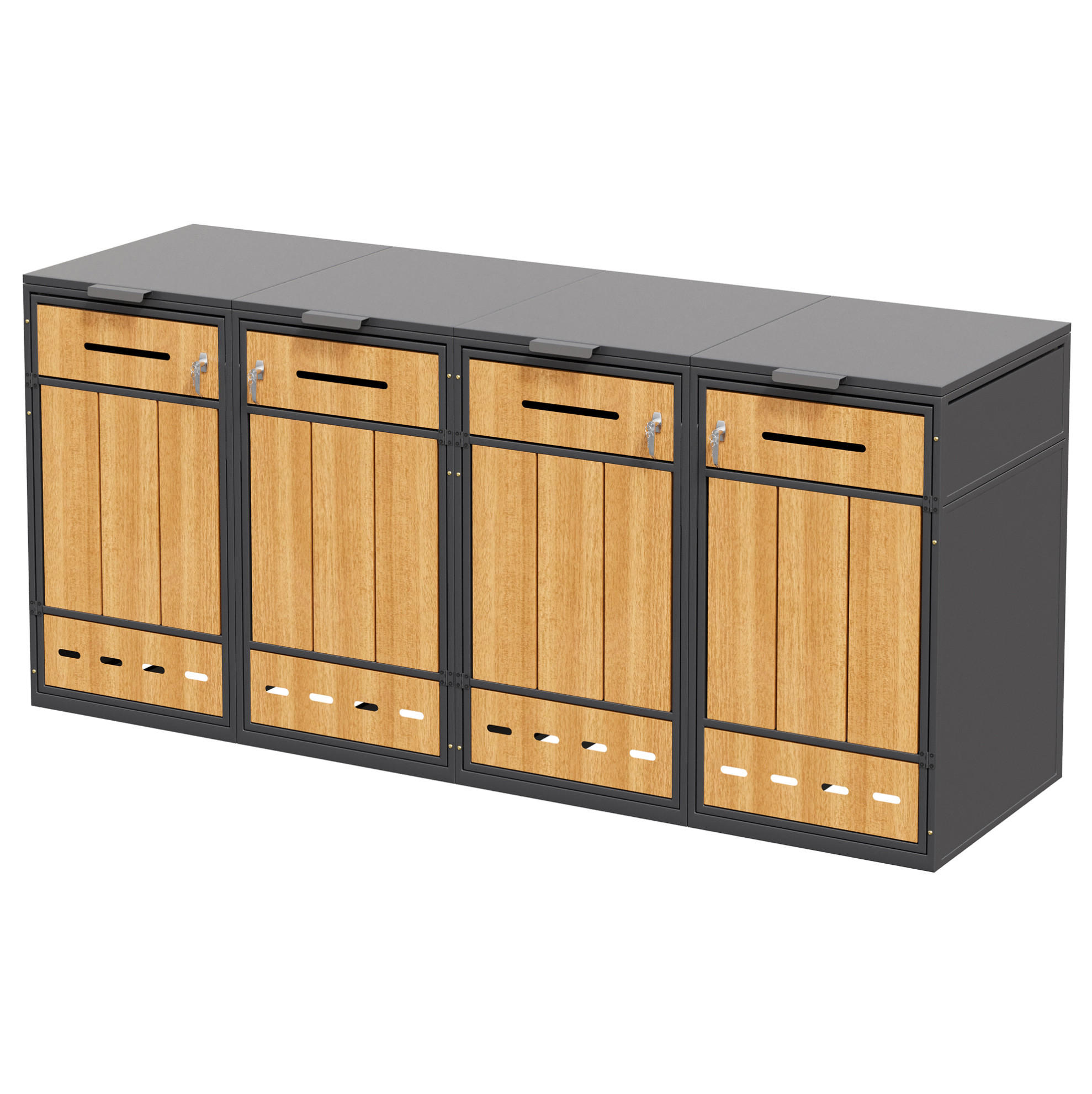 Modfu BOX na odpadkové koše z oceli 264x80x118 cm šedá/dekor dřeva se 4 oddíly, výklopným víkem, předními dvířky a větráním