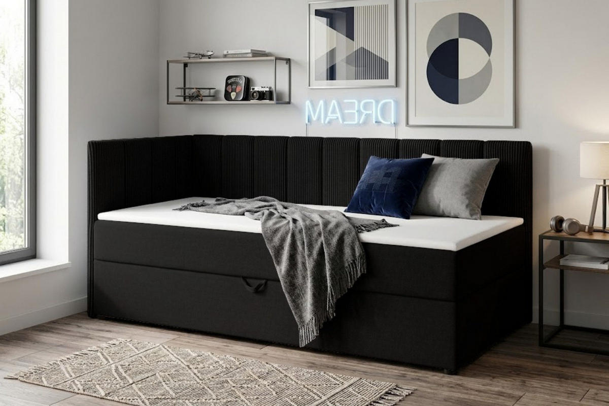 BOXBETT VIGO 100/200 cm in Cord/Velours Schwarz H3 links - Schwarz, Holz/Holzwerkstoff (100/200cm) - Deine Möbel 24
