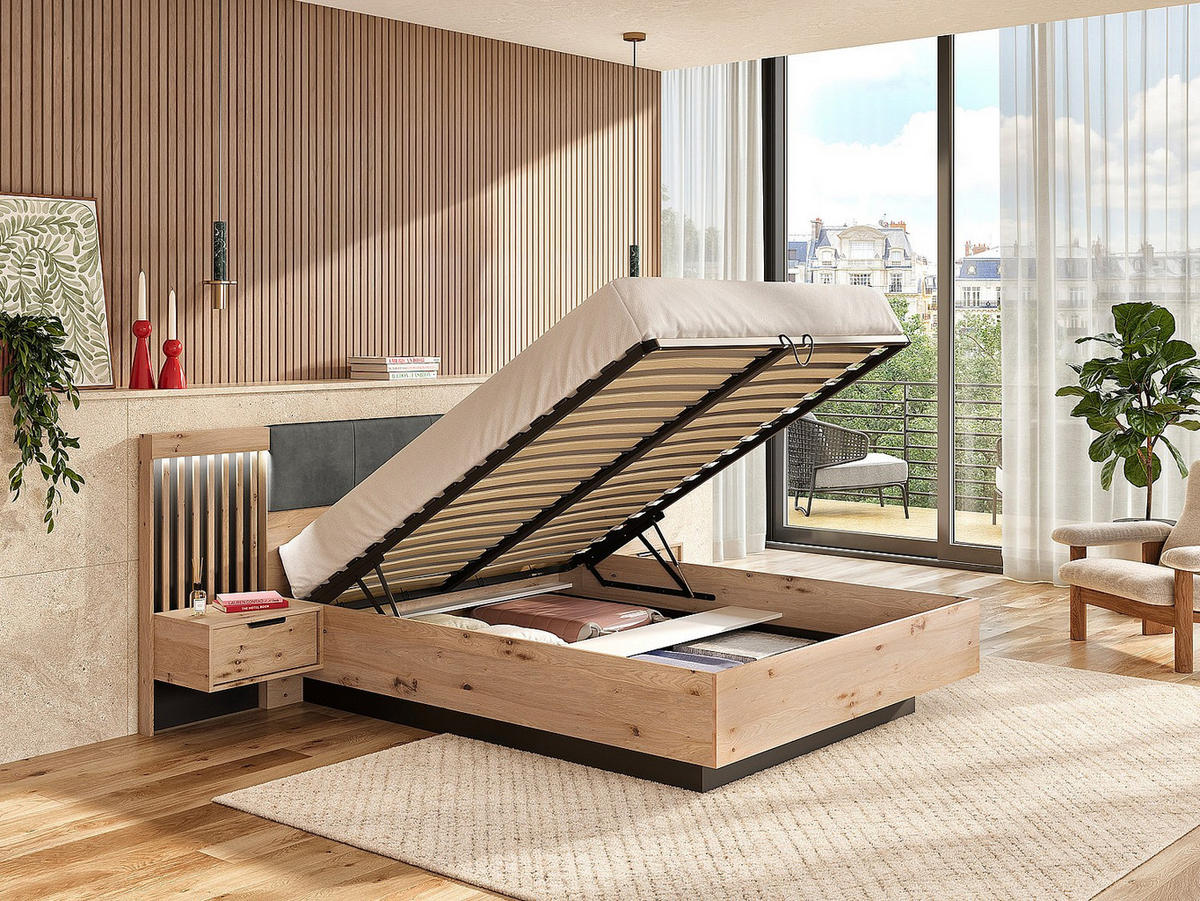 BETT mit Bettkasten - 2 Personen - Holz, Platte - Schwarz, Naturfarben Hell - - Schwarz/Naturfarben, Holz (160/200cm) - Vente-Unique