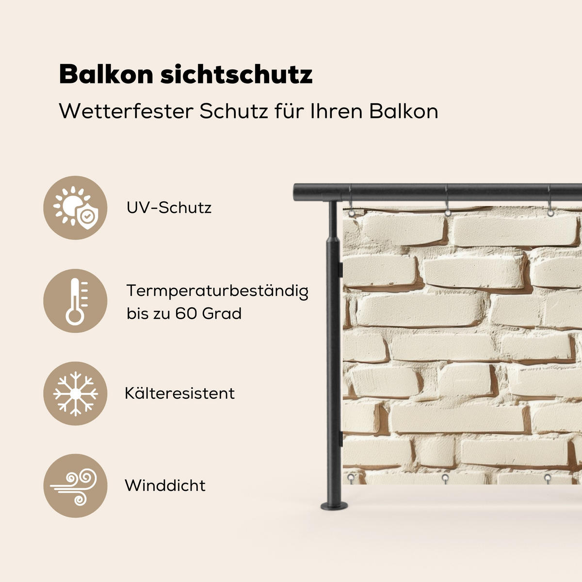BALKON-SICHTSCHUTZ Ziegel - Wand - Licht - Weiß - Creme, Kunststoff (200/110cm) - MuchoWow