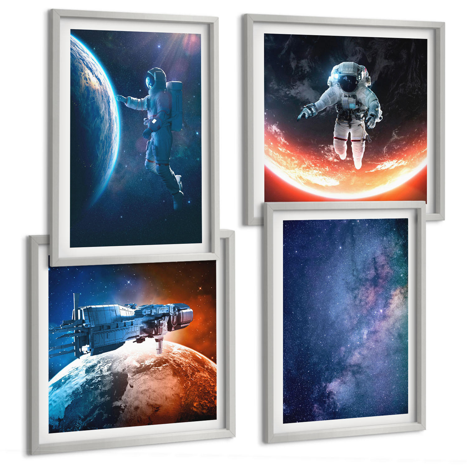 BILDER SET 4er Set - 50x50 cm & 40x60 cm Silberner Rahmen - Weltraum-Astronauten-Sterne - Silberfarben, Kunststoff (50/50cm) - TULUP
