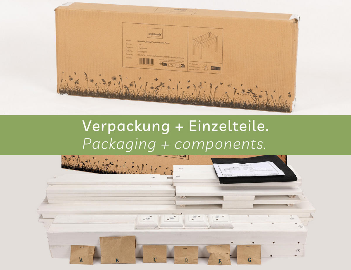 HOCHBEET aus Holz für Garten & Balkon, rechteckig mit Vlies-Folie - Weiß, Holz (100/75/50cm) - needs&wants