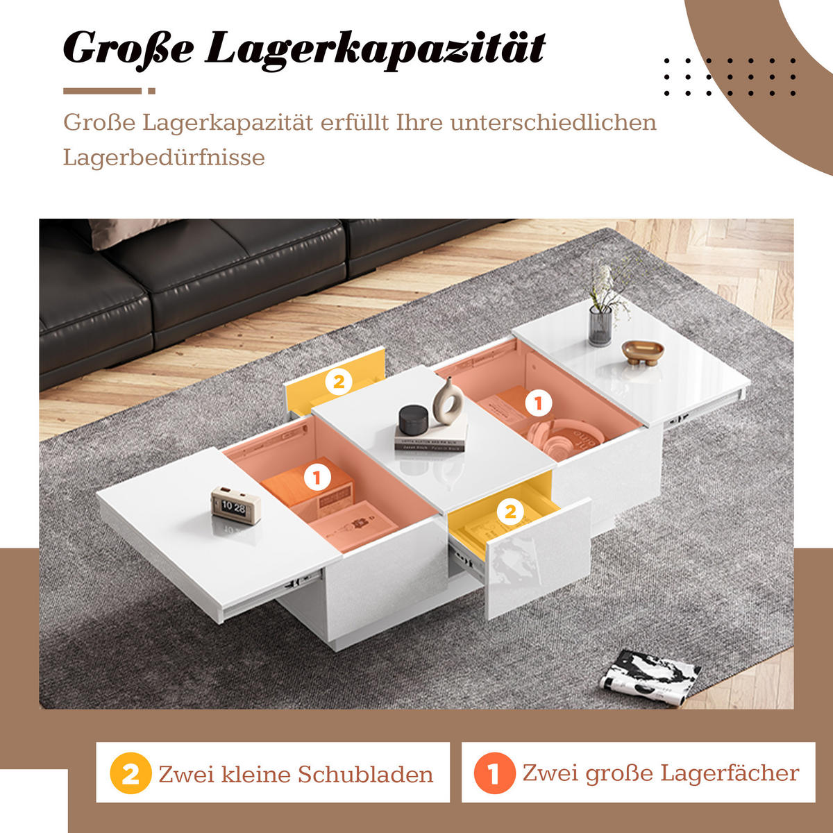 COUCHTISCH Weiß Hochglanz mit Stauraum und Schubladen - Weiß, Holzwerkstoff/Metall (55/100/35cm) - Urban Meuble