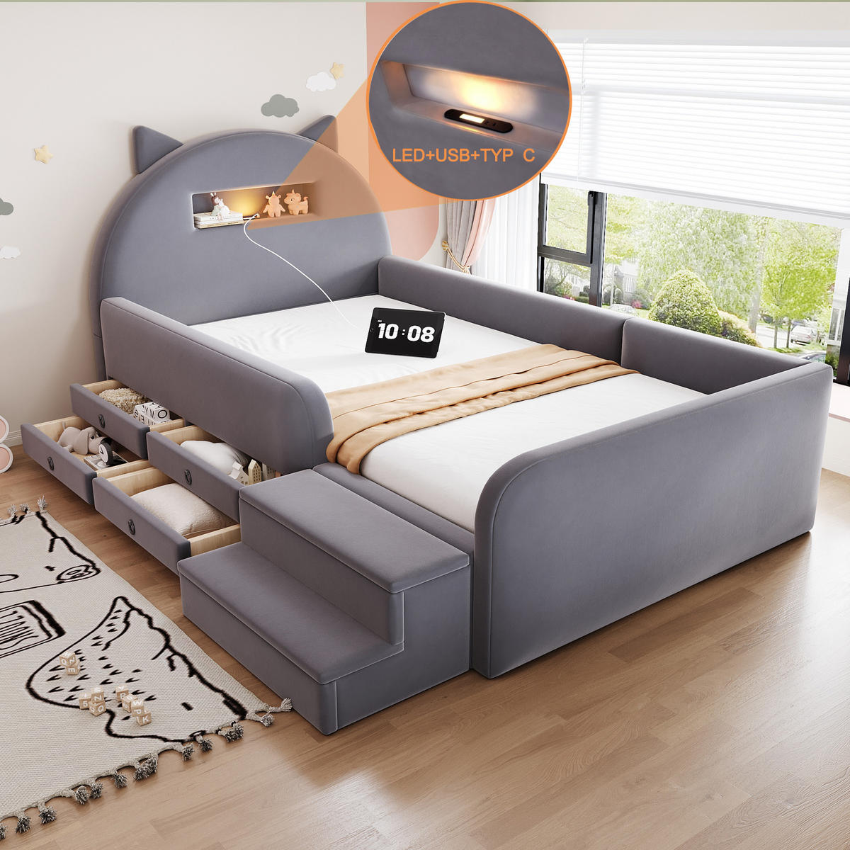 KINDERBETT 90/200 cm in Dunkelgrau mit 4 Schubladen, USB und Nachtlicht Samt - Dunkelgrau, Holzwerkstoff/Textil (90/200cm) - STILVORA