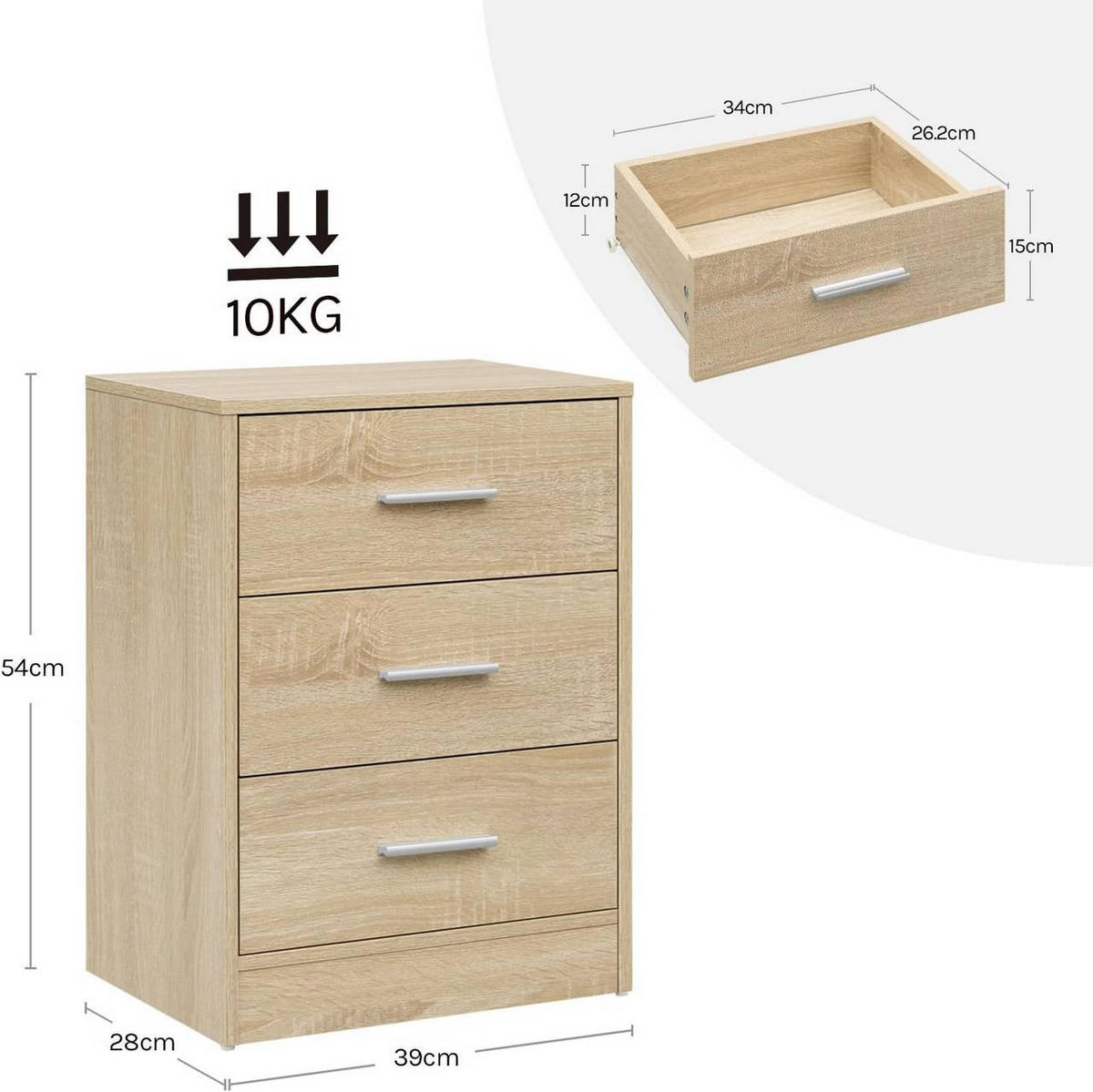 NACHTTISCH 2er Set, 39x54x28 cm, Helle Eiche - Eichefarben, Holzwerkstoff (39/54/28cm) - Woltu