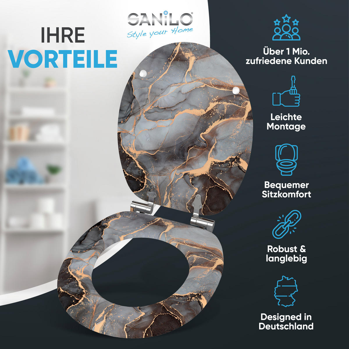 WC Sitz Absenkautomatik Marmor Abstrakt - Grau, Holzwerkstoff (38/6/47cm) - Sanilo