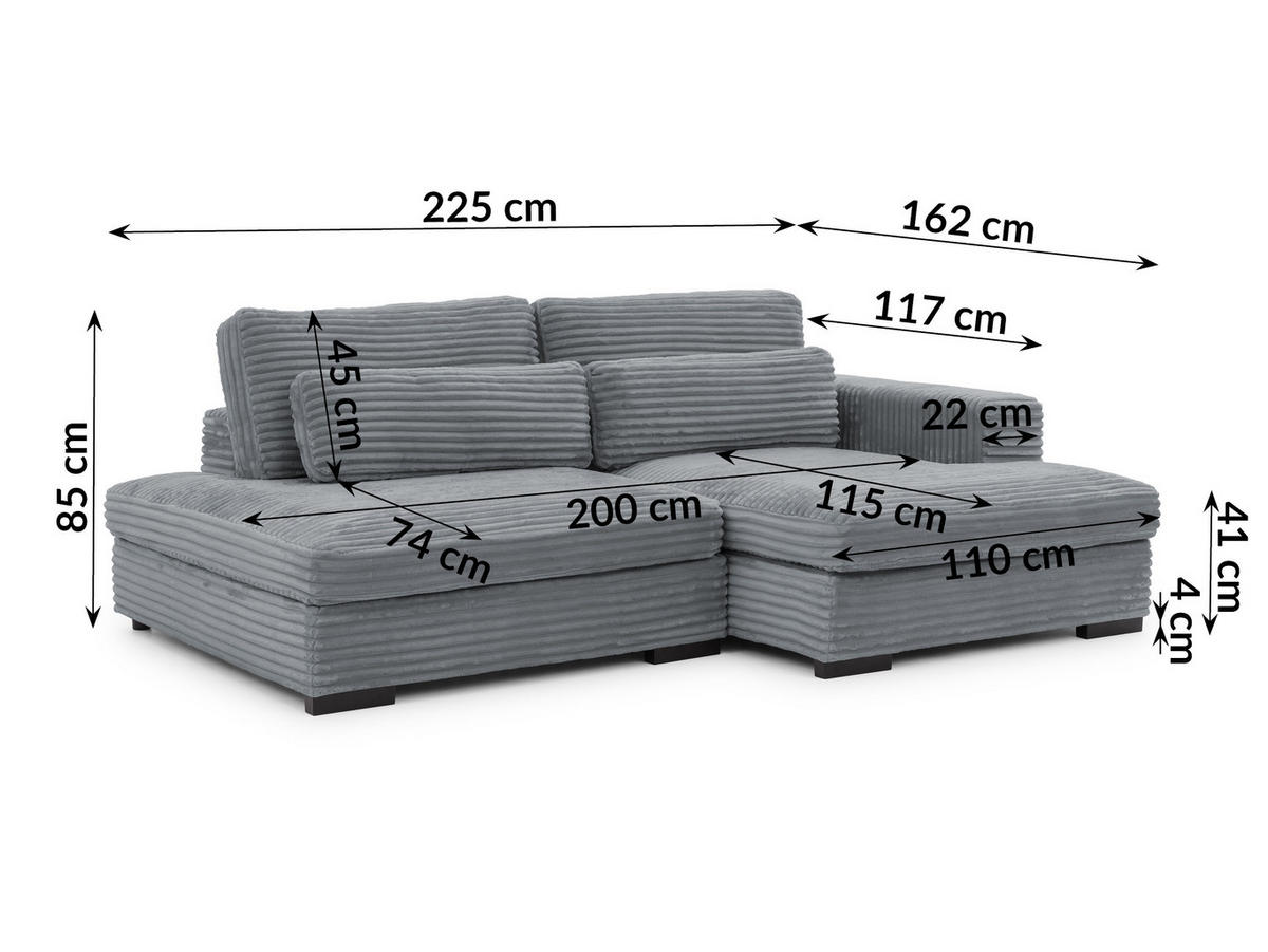 ECKSOFA Wolke mit tiefer Sitzfläche, Schlaffunktion und praktischem Bettkasten aus weichem Grau Cordstoff - Schwarz/Grau, Holz/Kunststoff (225/162cm) - S-Style