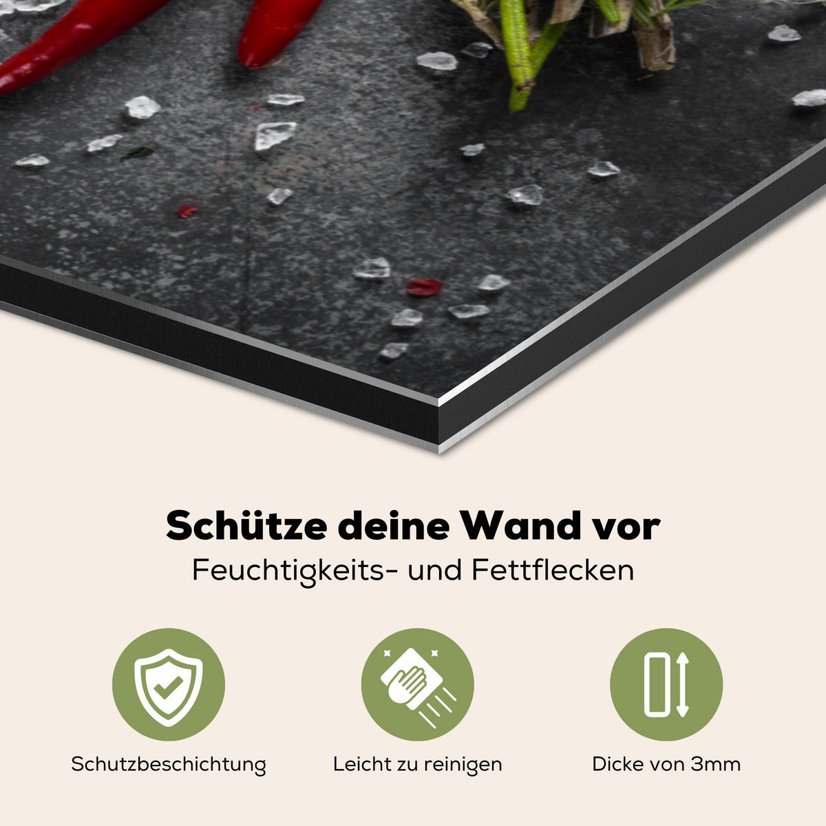 SPRITZSCHUTZ KÜCHE Pfeffer - Kräuter - Gewürze - Beton 80x55 cm - Rot, Metall (80/0.3/55cm) - MuchoWow