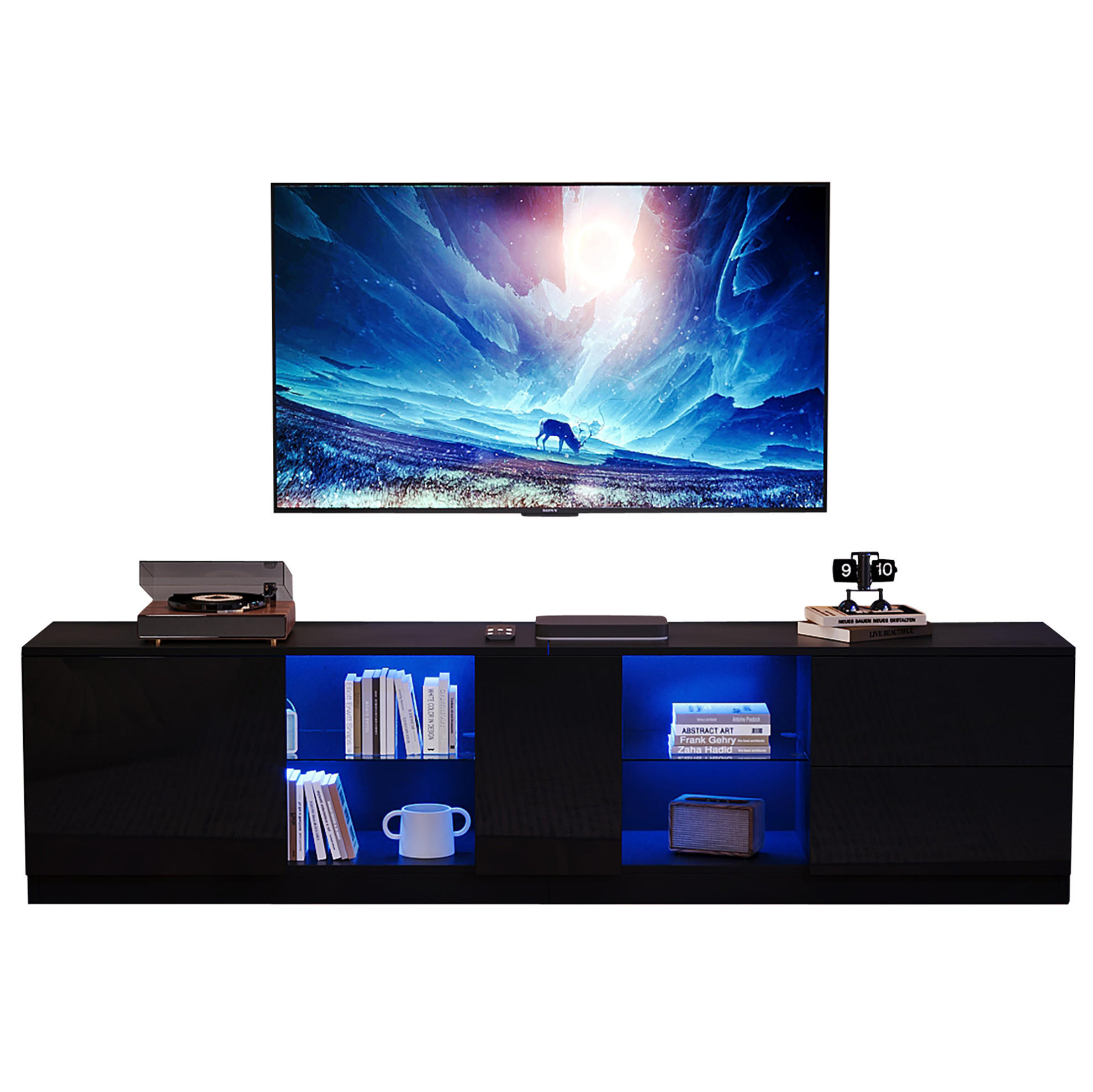 TV-LOWBOARD aus MDF 160x40x52 cm Schwarz mit LED-Beleuchtung, 2 Schubladen und Hochglanzfront - Schwarz, Holzwerkstoff (160/52/40cm) - IVMEU