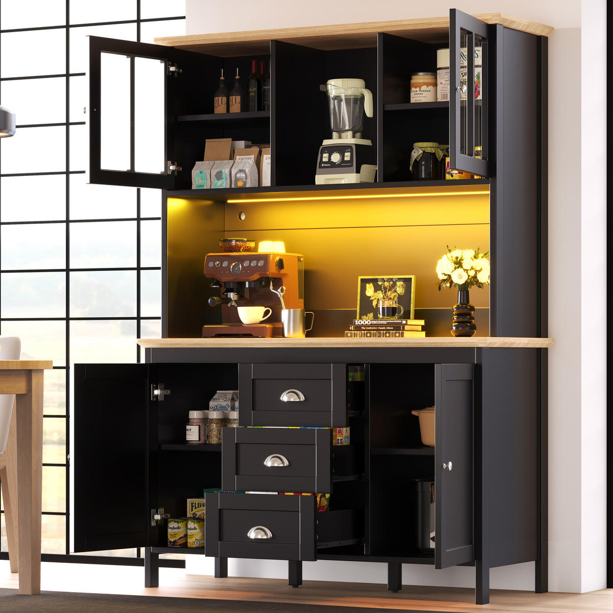 BUFFET 120/40/179 cm schwarz aus MDF/Metall mit LED - Schwarz, Holzwerkstoff (120/179/40cm) - OKWISH
