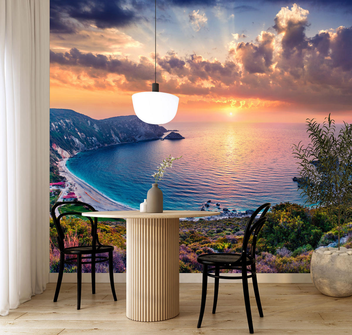 FOTOTAPETE Meer Blumen Sonnenuntergang Landschaft 3D 450x315 - Türkis/Blau, Papier (450/315cm) - Muralo