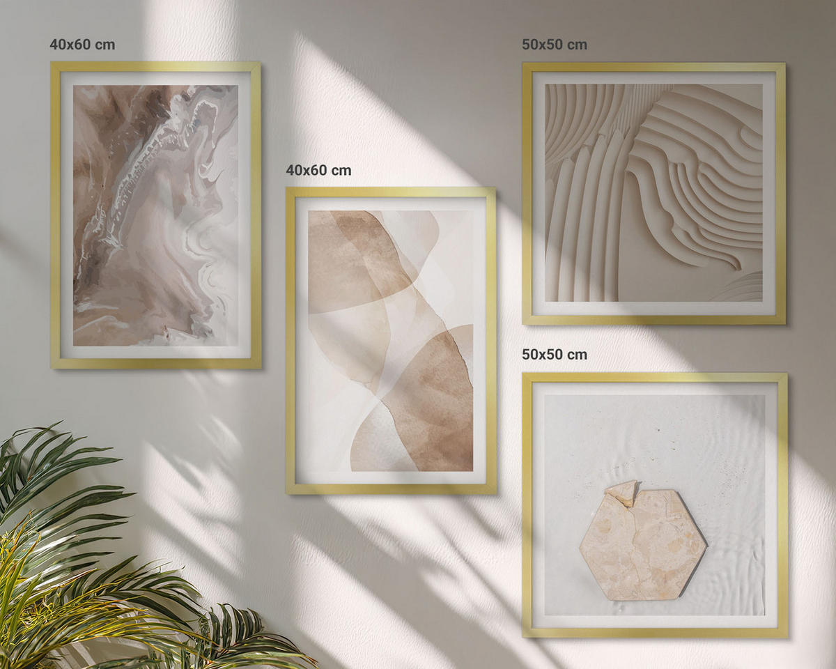 WANDBILDER 4er Set - 50x50 cm & 40x60 cm Goldrahmen - Abstrakte bemalte Strukturen - Goldfarben, Kunststoff (50/50cm) - ArtPrintCave