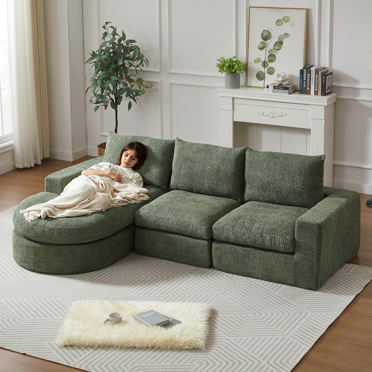 SCHLAFSOFA aus Chenille mit Liegestuhl und Kompressionsschaum - Grün, Textil (251/81/160cm)