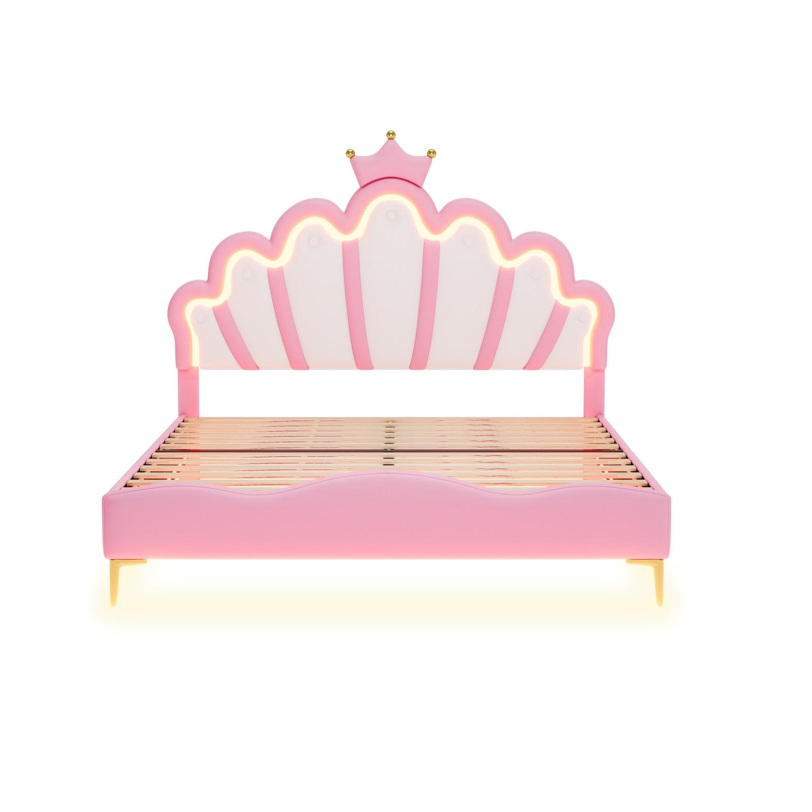 POLSTERBETT Bogen-Krone mit 2-Zonen-LED & Goldbeinen 140/200 cm PU-Leder Rosa - Pink, Leder (140/200cm) - Creahappy