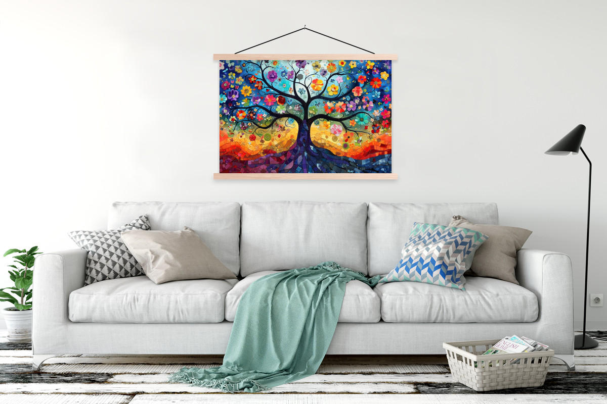 POSTER Kunst - Baum des Lebens - Blumen - Hippie 120x80 cm - Dunkelblau, Textil (120/80/0.15cm) - MuchoWow
