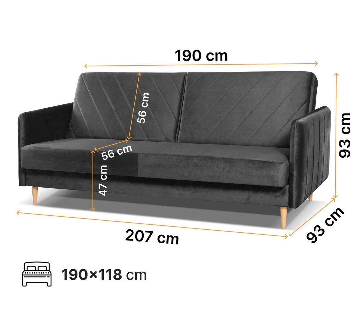 SCHLAFSOFA Vesto Grau Velours - Bettkasten - 207x93 cm - Grau, Holz/Holzwerkstoff (207/93/93cm) - Ravio