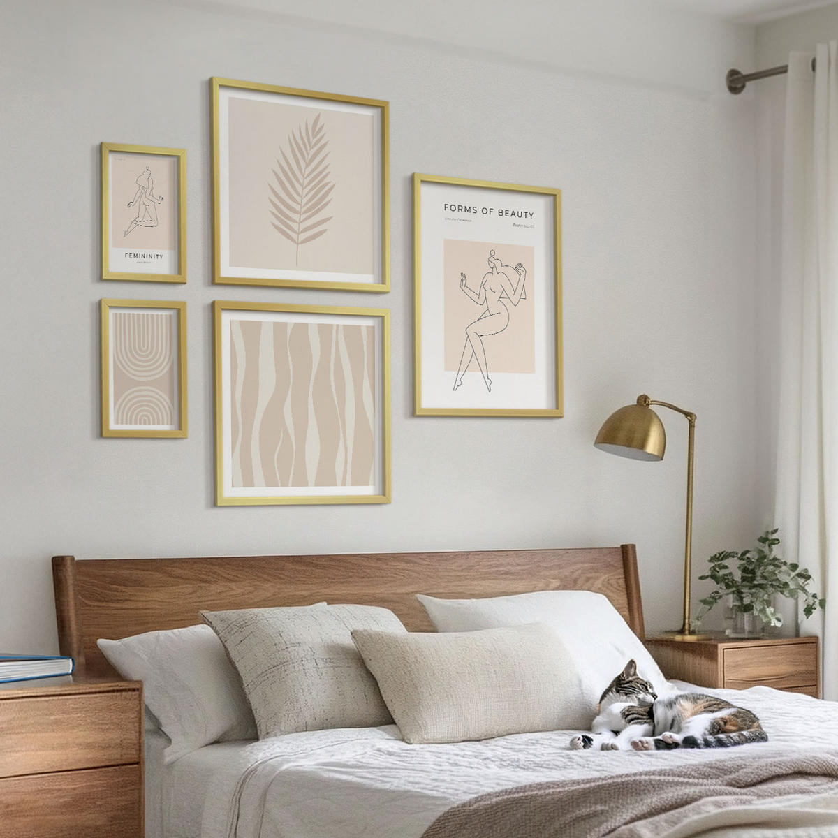 BILDER SET 5er Set - 50x50 cm & 20x30 cm & 40x60 cm Goldrahmen - Abstrakte Boho-Dekorationen - Goldfarben, Kunststoff (40/60cm) - TULUP