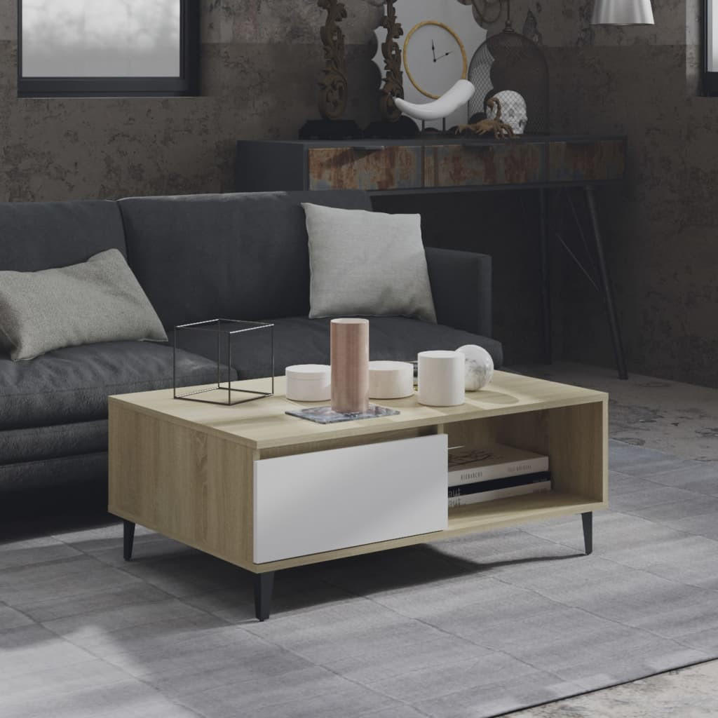 COUCHTISCH Weiß und Sonoma-Eiche 90x60x35 cm Holzwerkstoff - Weiß/Sonoma Eiche, Holzwerkstoff (60/90/35cm) - furnicato