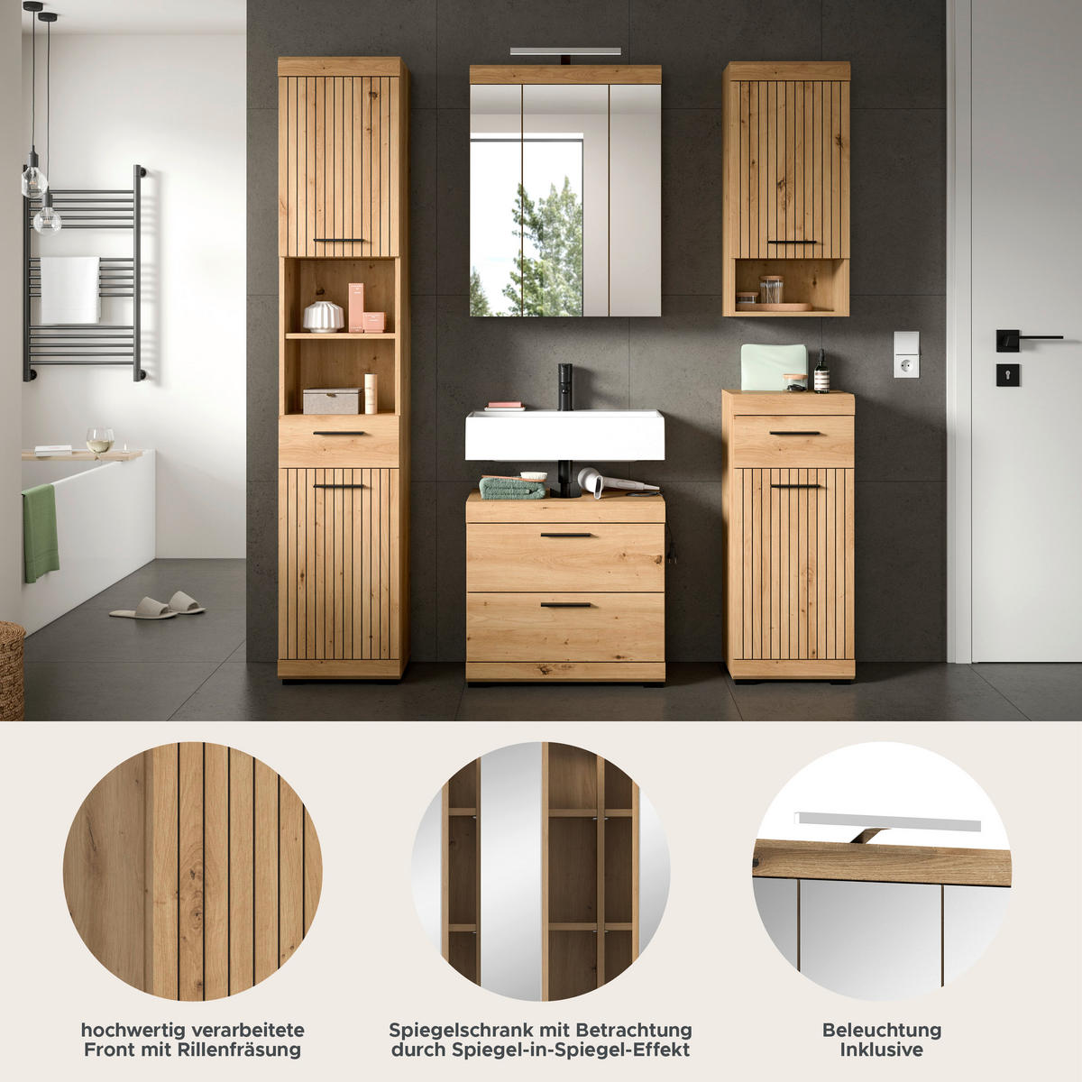 BADEZIMMER Vento 6-tlg. (B/H/T: ca. 164/191/34 cm) in Artisan Eiche /Artisan Eiche - Eichefarben, Holz (164/191/34cm)