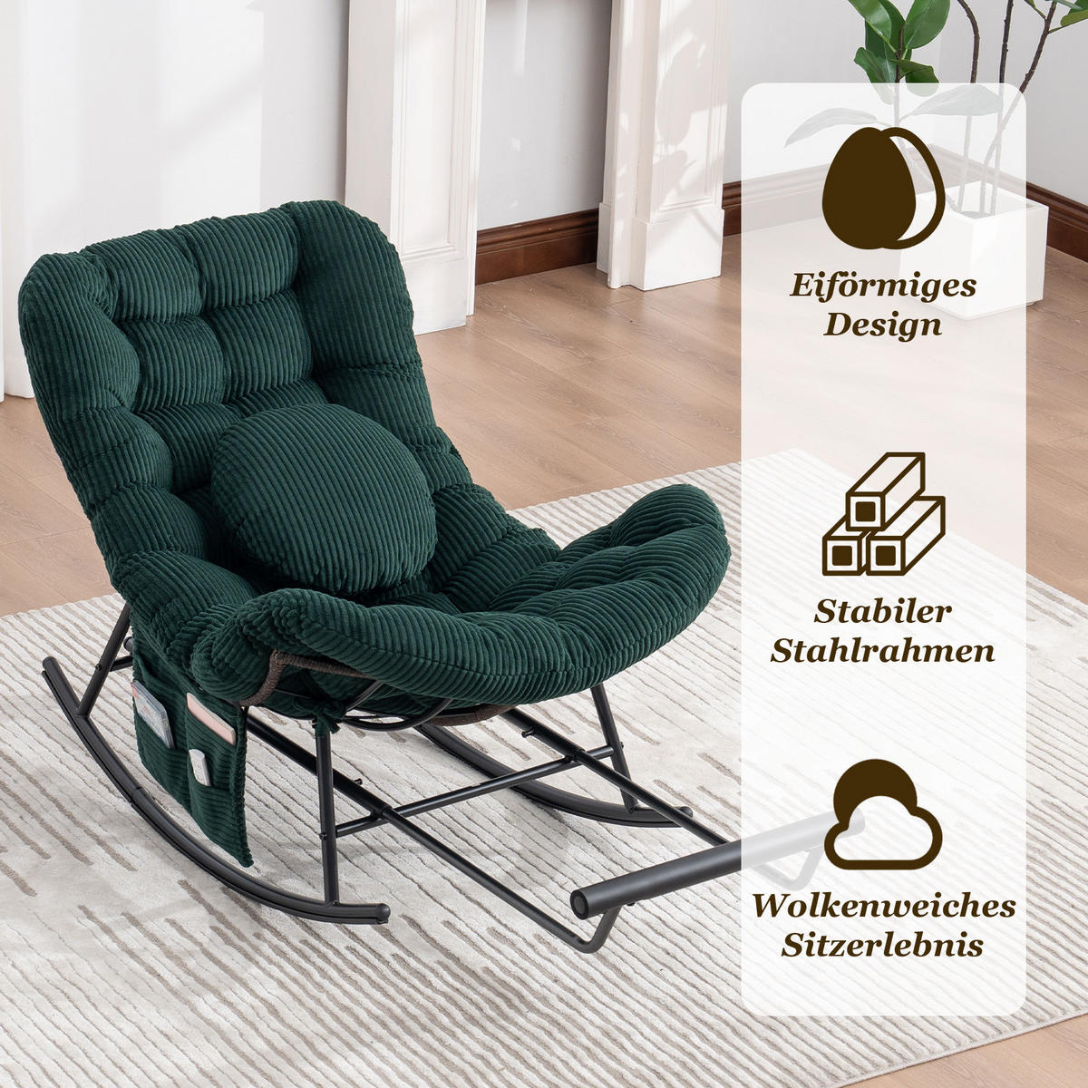 SCHAUKELSTUHL mit Fußstütze,Schaukelsessel XXL Rattanstuhl mit Kissen, Cord, Dunkelgrün - Grün, Textil (90/78/150cm) - LVHOM