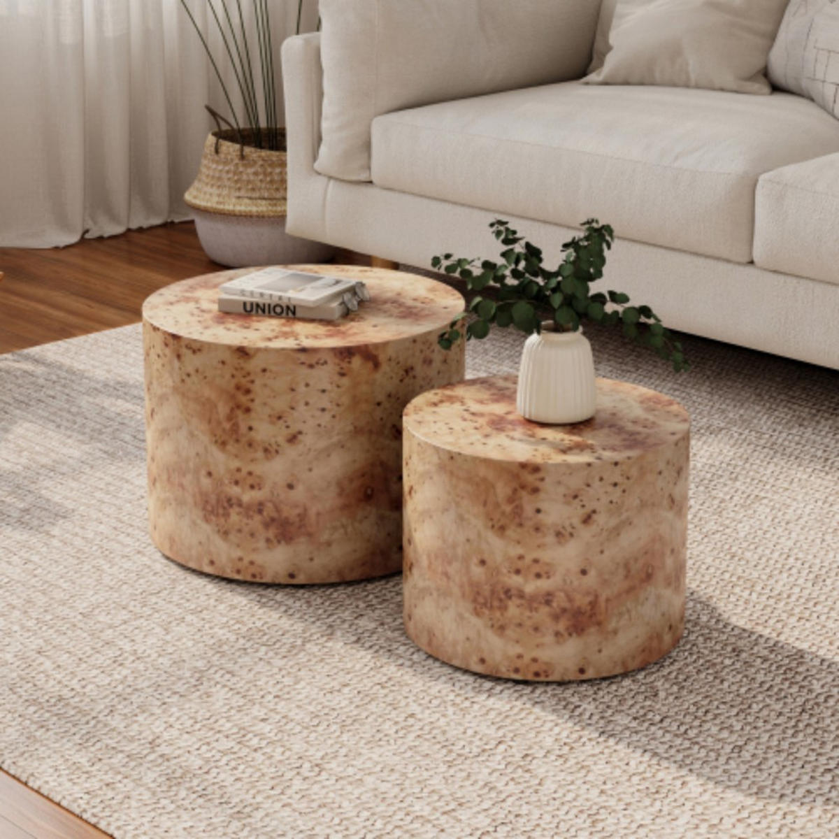 COUCHTISCHE 2er Set Runder Couchtisch im Nesting-Design aus Naturholz – Platzsparender Beistelltisch für Wohnzimmer, Balkon & Büro - Eukalyptusholzfarben, Holzwerkstoff (48/48/38cm)
