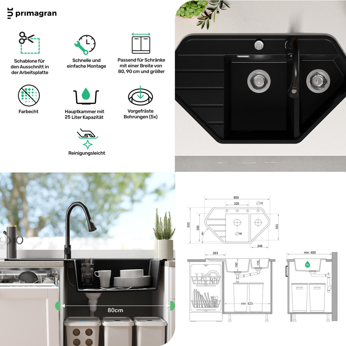 GRANITSPÜLE Kopenhagen Corner, 2-er set Weiß 90/50 cm 1,5 Becken + Küchenarmatur 40/20 cm + Ablauf-Set ab 70er Unterschrank - Chromfarben/Weiß, Kunststoff (90/18/50cm) - Primagran