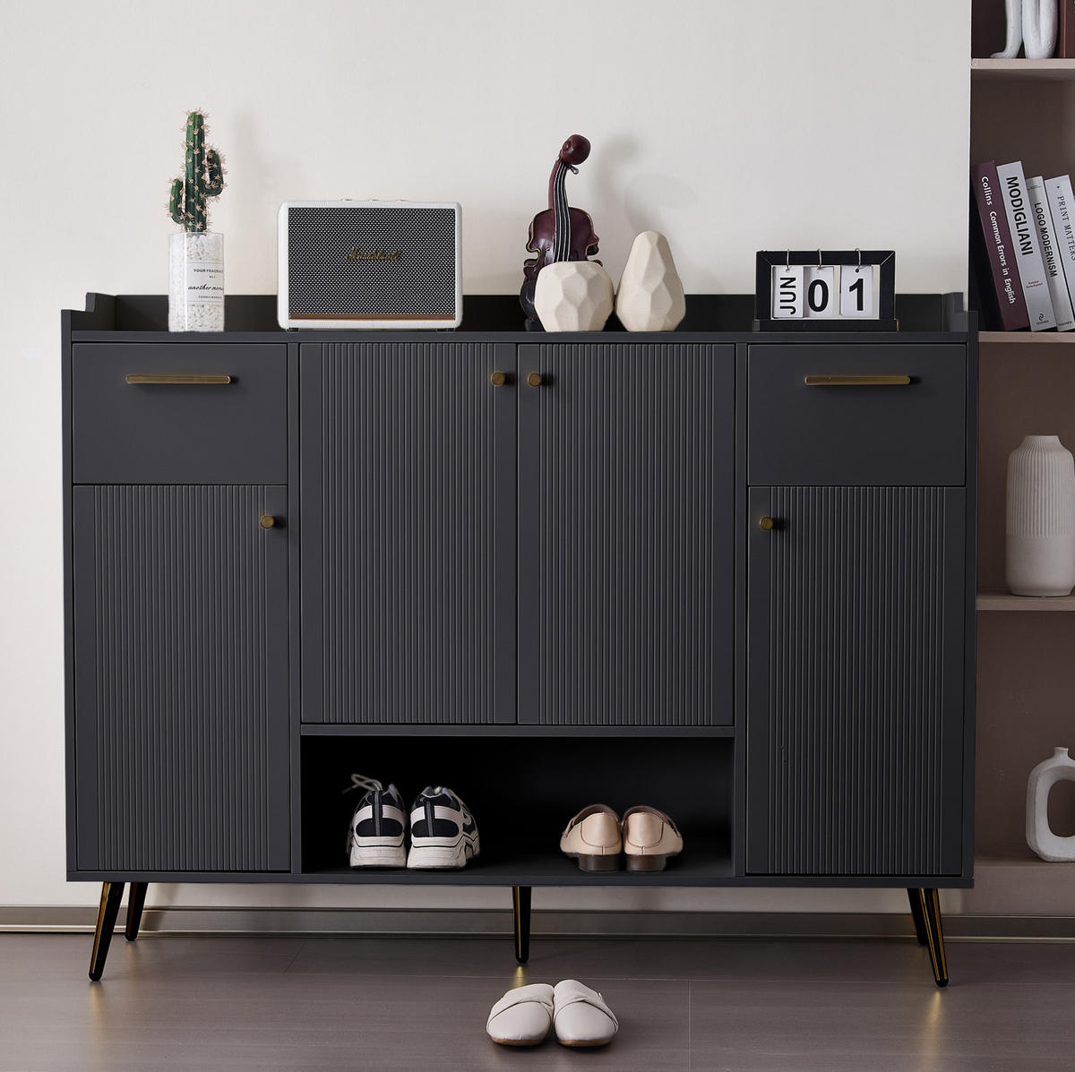 SCHUHSCHRANK 130/37/100 cm in Schwarz mit 2 Schubladen und 4 Türen - Schwarz, Holzwerkstoff (130/100/37cm) - BEAOK