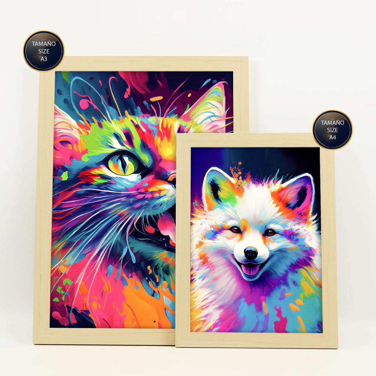 POSTER Set Mit 6 Land Und Wassertiere Im Hochformat Lebhafte Aquarell Stil Illustrationen Von Lächelnde Tiere A3 & A4 Rahmen Aus Hellem Holz - Beige, Papier (29/3cm) - Nacnic