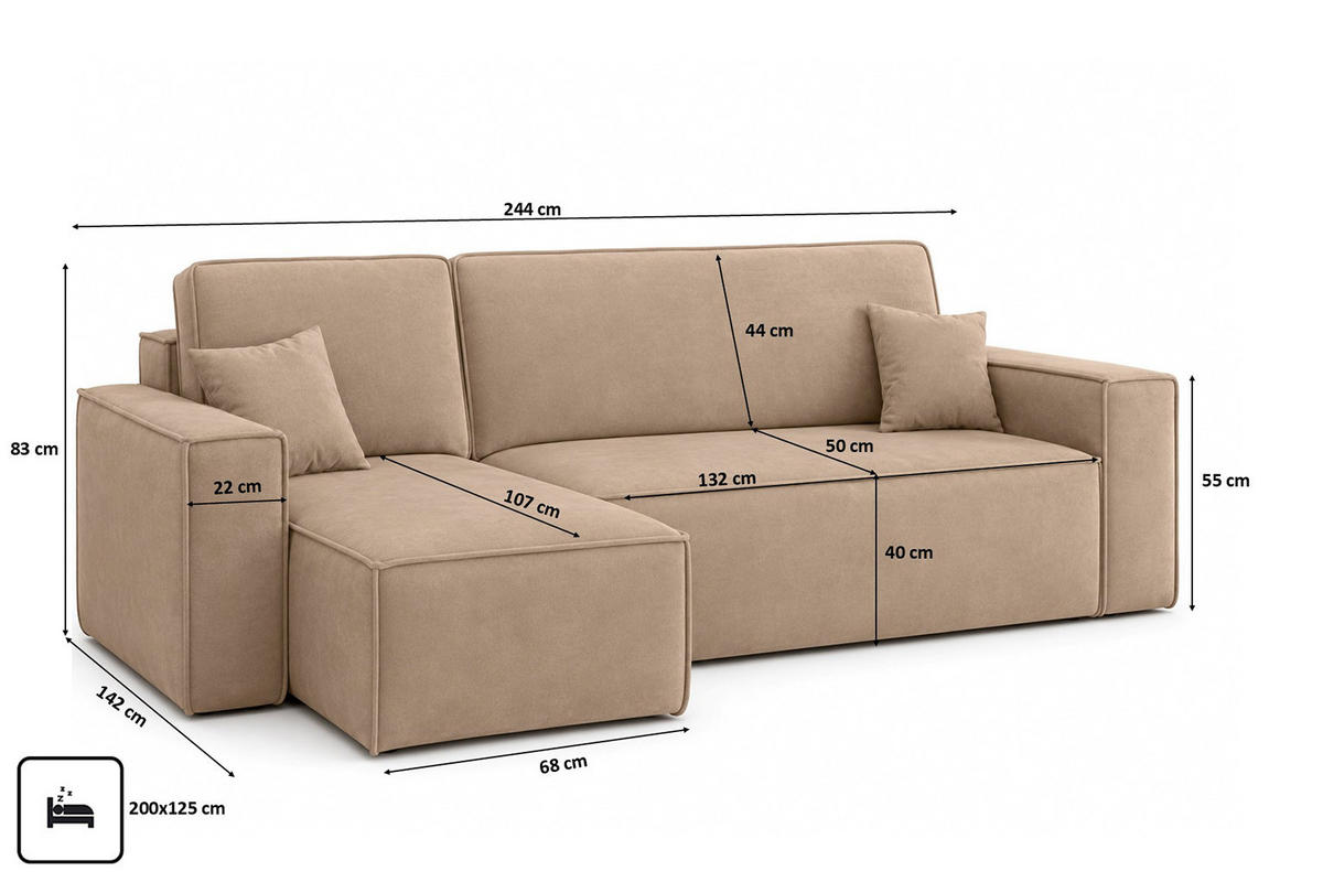 ROHOVÁ SEDAČKA ve tvaru L s funkcí spaní a úložným prostorem, velurová tkanina Bluvel, Latte, Levá strana, BEST L - kapučínová, dřevo (244/142cm) - Kaiser Möbel