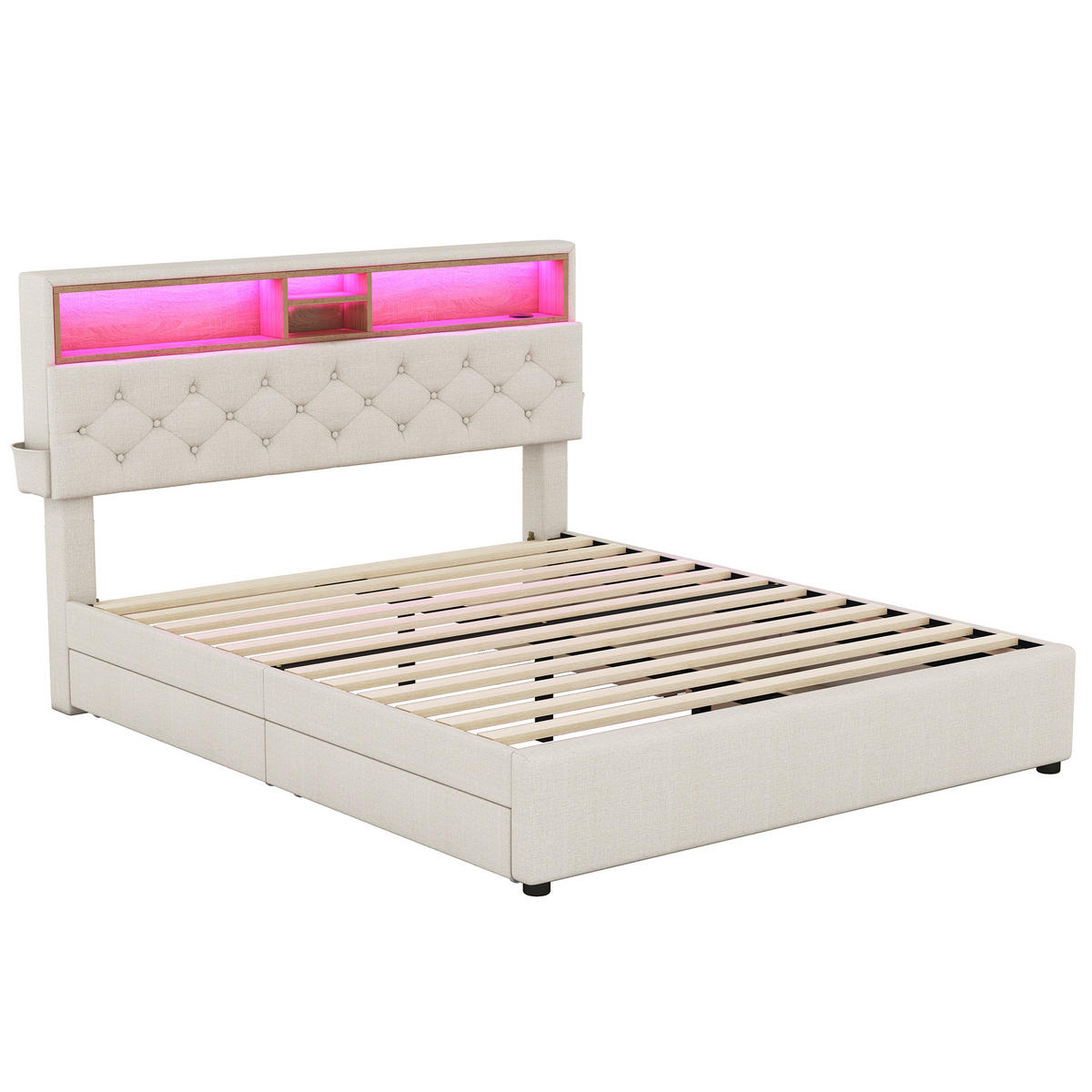 DOPPELBETT 140x200cm Beige Polsterbett LED USB 4 Schubladen Kopfteil - Beige, Holz (140/200cm) - FLIEKS